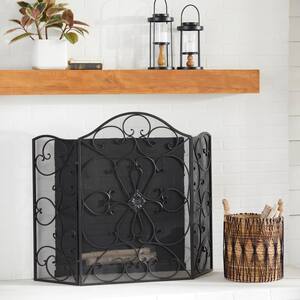 Black Metal Scroll Foldable 3 Panel Fireplace Screen with Mesh Netting