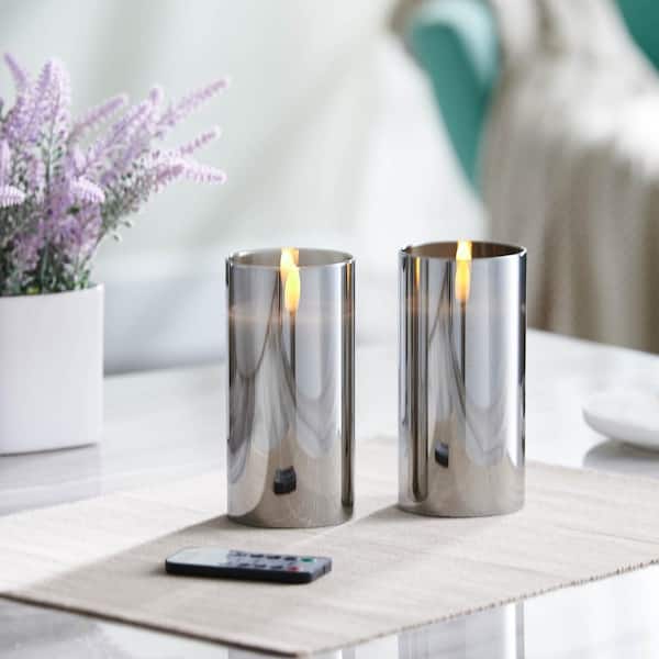 Unbranded 6 in. Gray Mirrored Glass LED Flameless Pillar Candles (Set of 2)