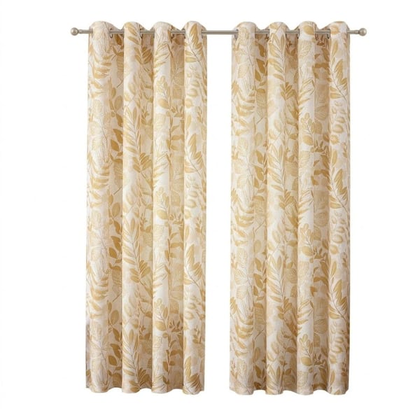 Gold Linen Fabric 55 in. W x 84 in. L Leaf Printed Light Filtering Curtain (Set of 2 Panels)