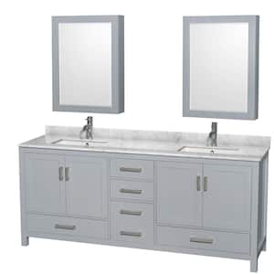 Sheffield 80 in. W x 22 in. D Vanity in Gray with Marble Vanity Top in Carrara White with White Basins and Mirrors