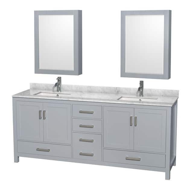 Wyndham Collection Sheffield 80 in. W x 22 in. D x 35 in. H Double Bath Vanity in Gray with White Carrara Marble Top and MC Mirrors