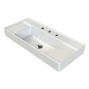 Sharp Modern White Ceramic Rectangular Wall Mounted Sink with Three Faucet Holes