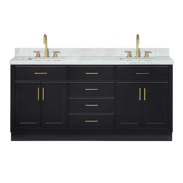 Hepburn 72 in. Double Sink Freestanding Bathroom Vanity in Black with Carrara White Marble Top
