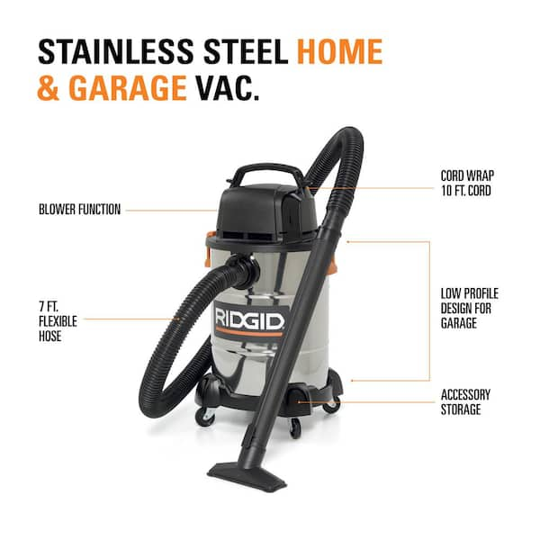 Ridgid WD6425B 6 gal. 4.25-Peak HP Stainless Steel Wet/Dry Shop Vacuum with Filter, Hose, Accessories and Car Cleaning Attachment Kit