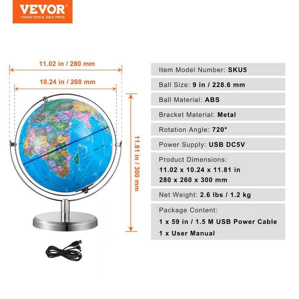 VEVOR Illuminated World Globe with Stand 12.6 in. x 9 in. 228.6 mm