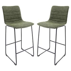 Brooklyn 29.9" Modern Leather Bar Stool With Black Iron Base & Footrest Set of 2 in Olive Green