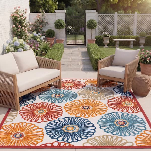 Cabana Cream/Red 8 ft. x 10 ft. Border Floral Indoor/Outdoor Patio  Area Rug