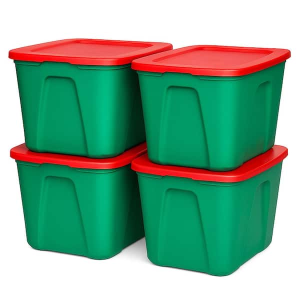 18 Gal. Heavy Duty Plastic Holiday Storage Totes, Green/Red (4 -Pack)