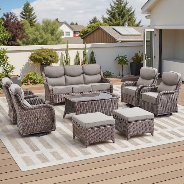 Moonluxe 8-Piece Brown Wicker Patio Conversation Set with Gray Olefin 6 In. Thick Cushions Patio Swivel Chairs