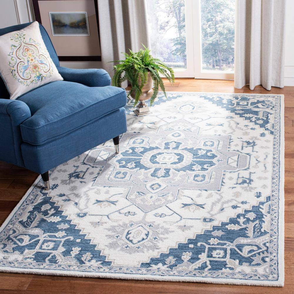 Ivory Navy Hand-Tufted Wool 5' Square Area Rug