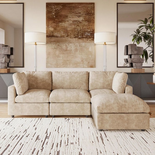 Modern Deep Seater 101 in. Square Arm Chenille Modular L-Shaped Sofa with Ottoman, Detachable Covesr for Office in Khaki