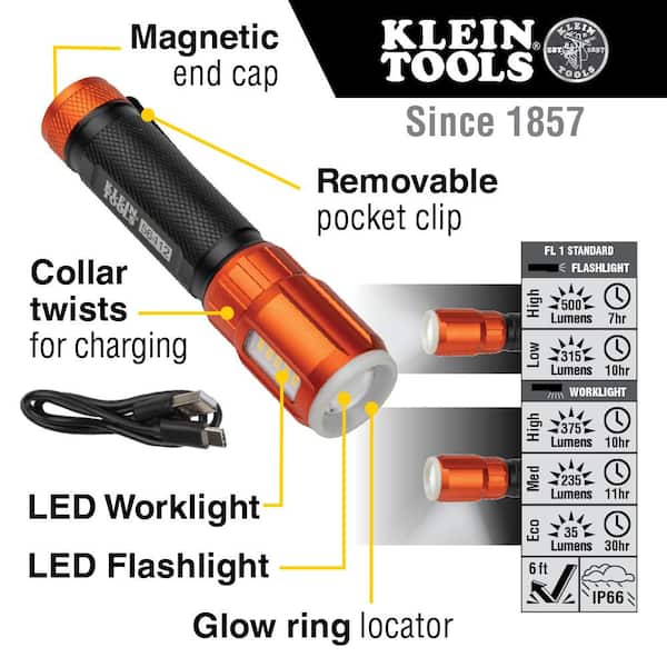 Rechargeable LED Flashlight with Worklight, 500 Lumens, 5 Modes