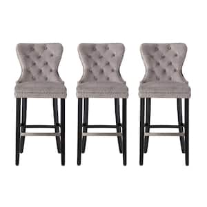 Harper 29 in. Gray Velvet Tufted Wingback Kitchen Counter Bar Stool with Black Solid Wood Frame (Set of 3)