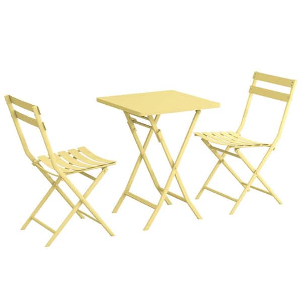 3-Piece Metal Square Outdoor Bistro Set, Folding Patio Table and 2 Chairs for Balcony, Garden, Living Room in Yellow