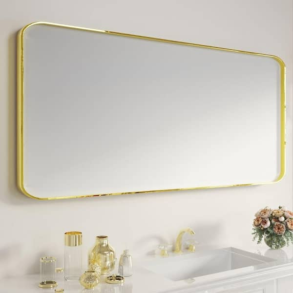 60 in. W x 28 in. H Rectangular Aluminum Framed Wall Bathroom Vanity Mirror in Golden