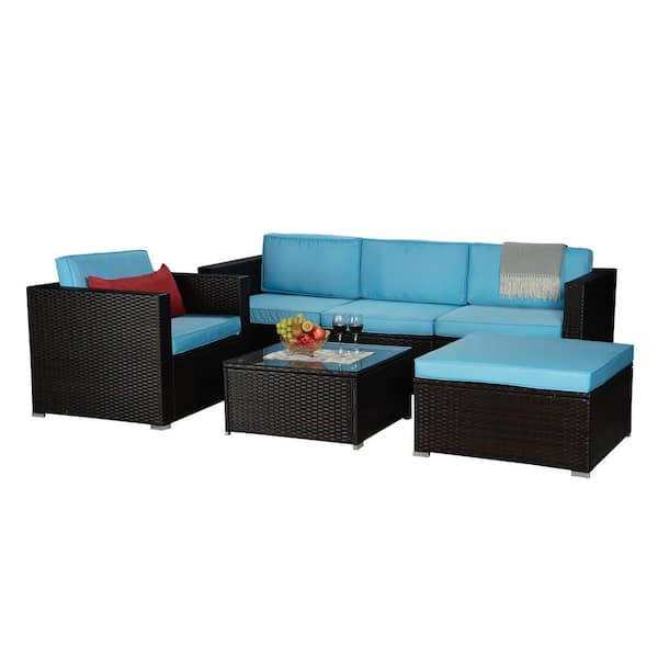 Afoxsos Brown 6-Piece PE Rattan Wicker Outdoor Patio Sectional Set with Blue Cushions, Red Pillow, Ottoman, Table