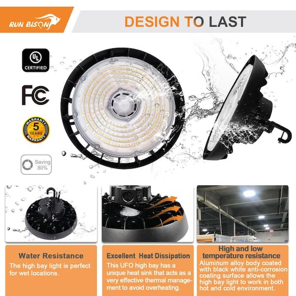 RUN BISON 10.4 in. Integrated UFO LED High Bay Light Fixture Garage Light, 4000/5000K, 21000 Lumens 0-Watt to 10-Volt (4-Pack)