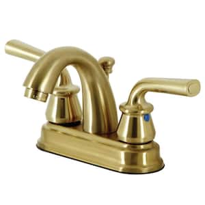 Restoration 4 in. Centerset 2-Handle Bathroom Faucet with Plastic Pop-Up in Brushed Brass
