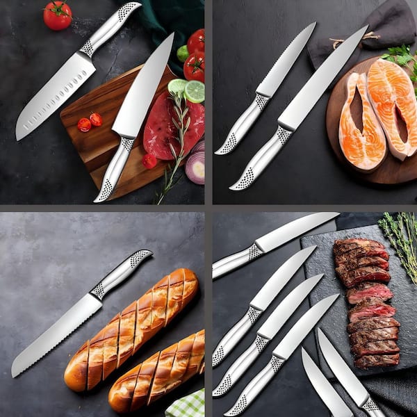 Wudkey 14-Piece Stainless Steel Japanese Knife Set with Block and