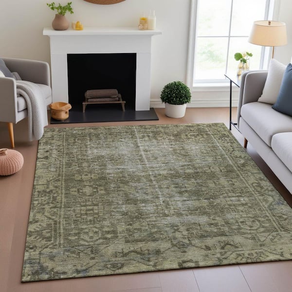 Mayfield Premium Machine Washable Abstract AMF1228 Olive 3 ft. x 5 ft. Area Rug