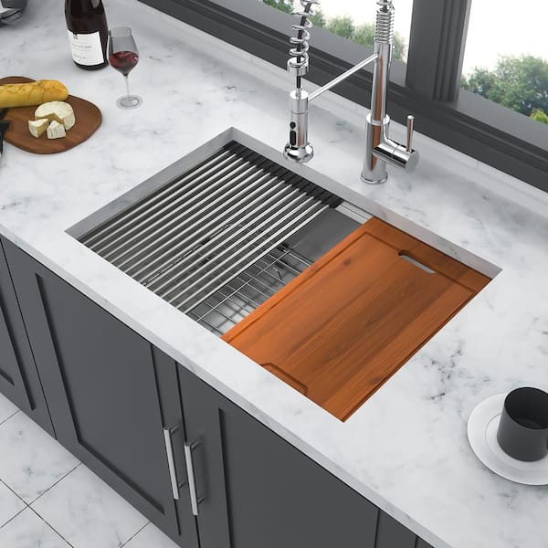 27 in. Undermount Single Bowl 16-Gauge Brushed Nickel Stainless Steel Kitchen Sink with Workstation