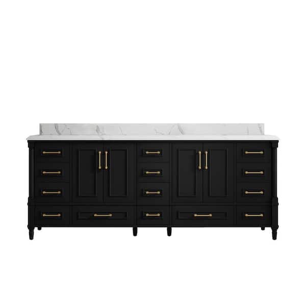 Willow Collections Hudson 84 in. W x 22 in. D x 36 in. H Double Sink Bath Vanity in Black with Cove Edge Calacatta Quartz Top