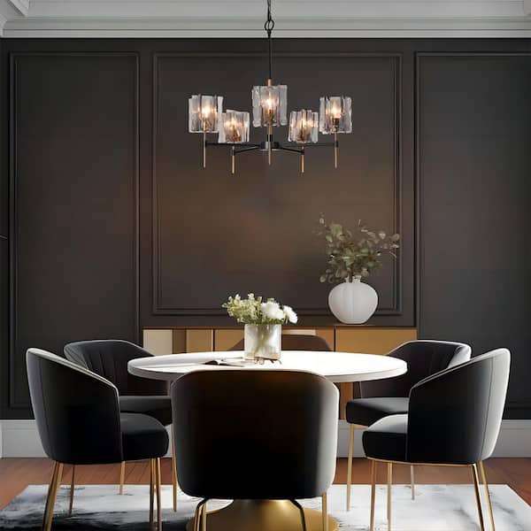 Echonalyri Glam 5-Light Matte Black and Plating Brass Chandelier with Geometric Textured Glass Shades