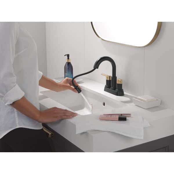 Nicoli 4 in. Centerset Double Handle Pull-Down Spout Bathroom Faucet in Matte Black / Champagne Bronze