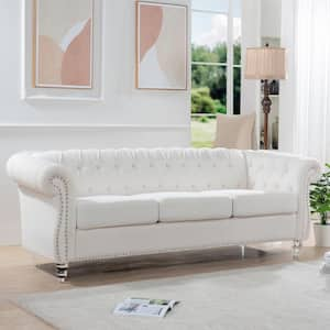 84.65 in Wide Rolled Arm Polyester Rectangle Chesterfield Sofa in White with Nail Head Trim, Button-Tufted Backrest