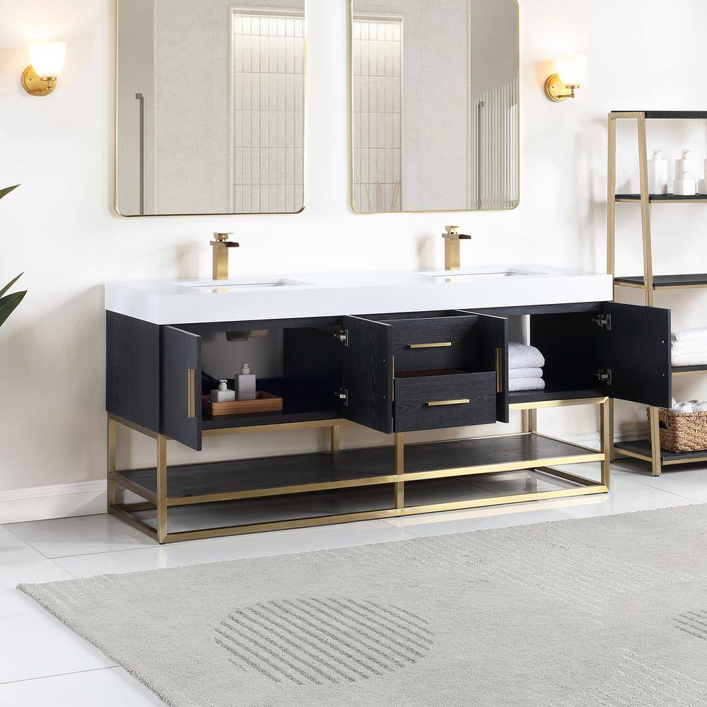 Bianco 72" Black Oak and White Double Vanity with Gold Accents