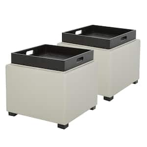 Riley 18 in. Wide Leather Contemporary Square Storage Ottoman with Tray Serve as Side Table in Creamy Gray (Set of 2)