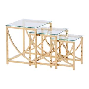 18.5 in. Gold Large Rectangle Nesting Glass End Table Outdoor Coffee Table with Clear Glass Top (3- Pieces)