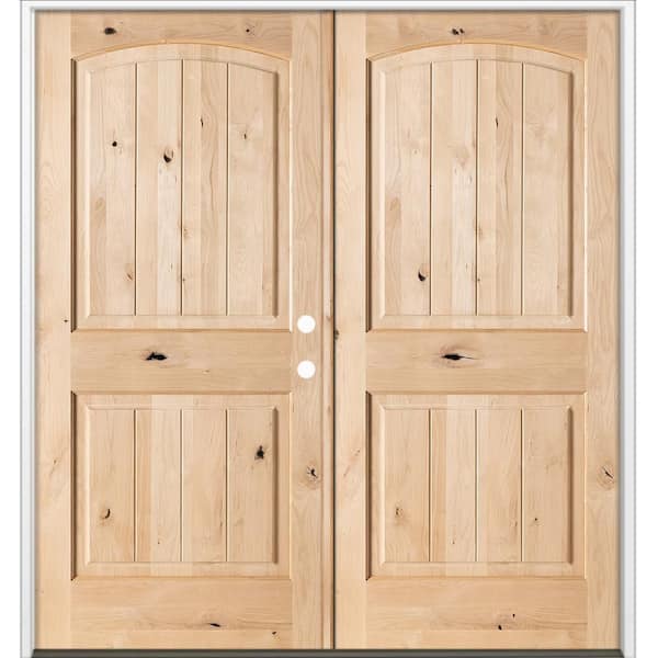 64 in. x 80 in. Rustic Knotty Alder Arch Top V-Groove Left-Hand/Inswing Double Unfinished Wood Prehung Front Door