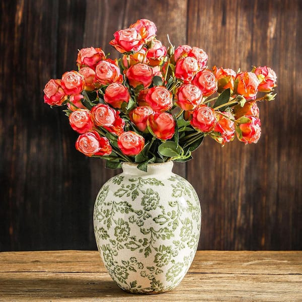 7.9 in. Green Round Ceramic Retro Floral Vases Rustic Decorative Vase LS1V4PR