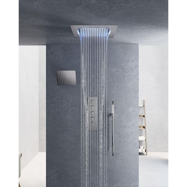 15-Spray 20 in. and 10 in. Ceiling Mount LED Mood Lighting Music Dual Shower Head and Handheld Shower in Brushed Nickel