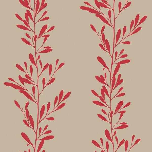 The Wallpaper Company 10 in. x 8 in. Red and Taupe Graphic Red Leaf Stripe Wallpaper Sample