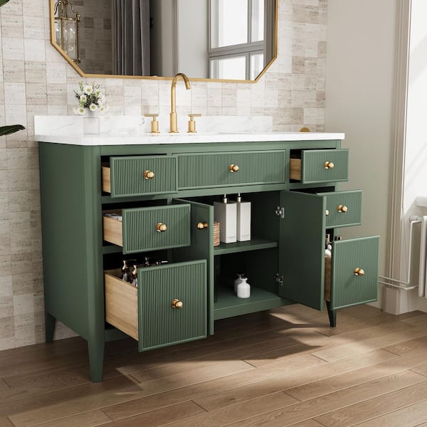 Aldora 48 in. Single Sink Freestanding Green Bath Vanity with White Engineered Stone Top Pre-Assembled