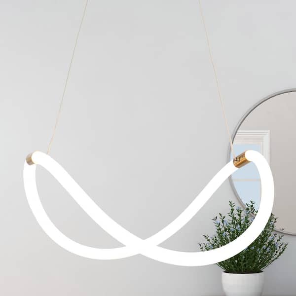 Zevni Lulier 18-Watt Integrated LED Brass Gold Chandelier, Minimalist PC Tube Hanging Pendant Adjustable Shape for Living Room