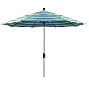 11 ft. Black Aluminum Pole Market Fiberglass Collar Tilt Crank Lift Outdoor Patio Umbrella in Seville Seaside Sunbrella