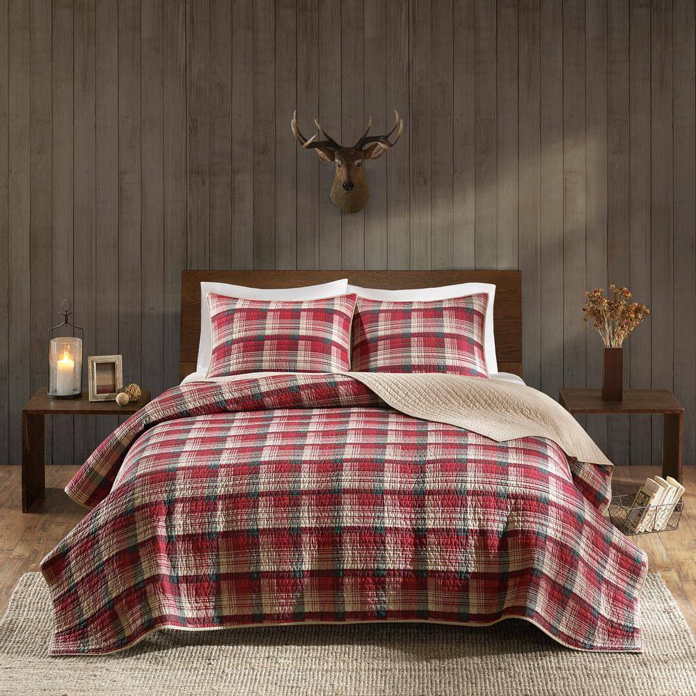 King Red Cotton Reversible Quilt Set with Shams