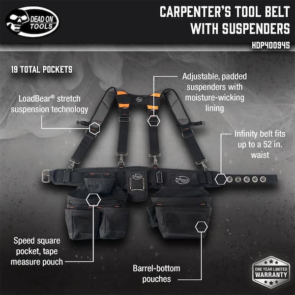 Professional Carpenter's Work Tool Belt Tool Storage Suspension Rig with LoadBear Suspenders and 2 Tool Pouches in Black