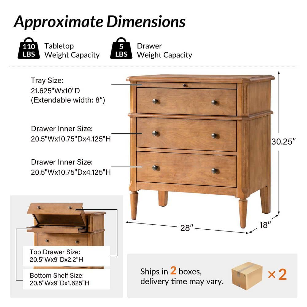 Fabien Teak 3-Drawer 28 in. W Nightstand with Solid Wood Legs (Set of 2) - thumbnail 7
