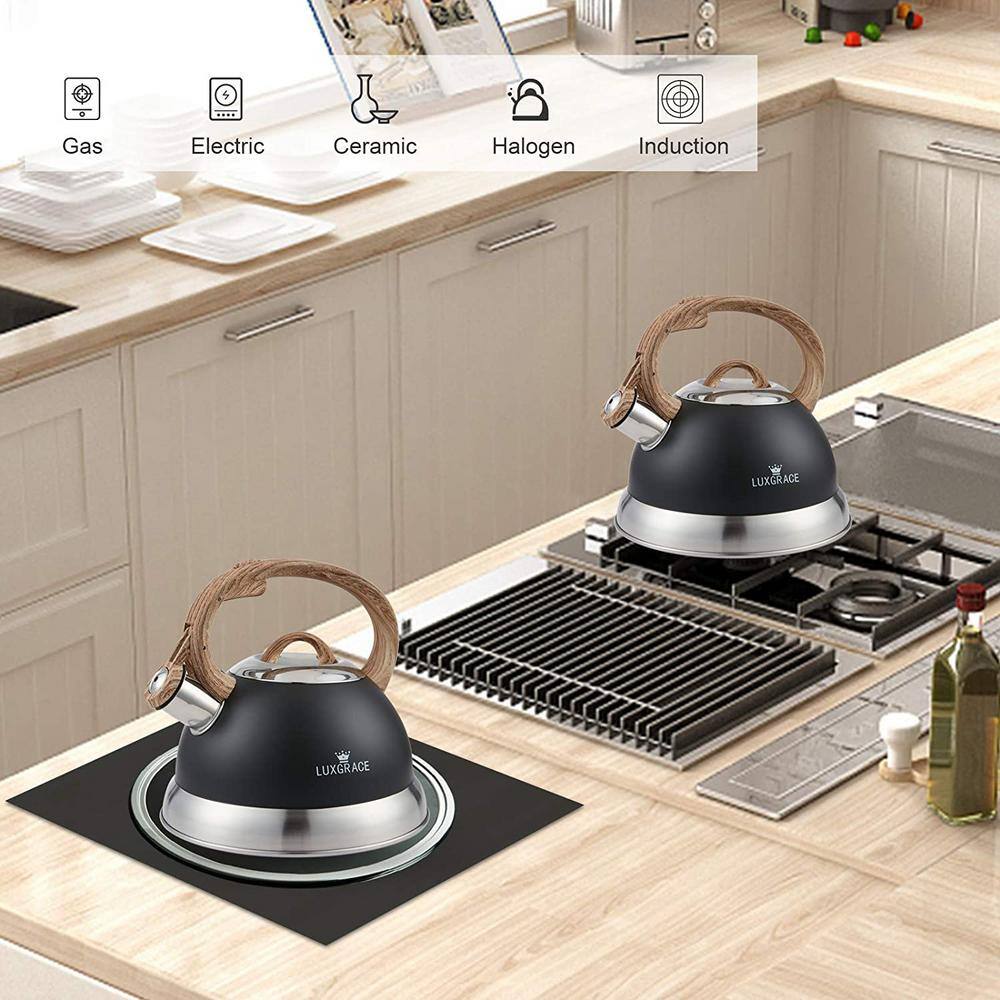 Opaque Black Stainless Steel Whistling Tea Kettle with Wood Handle
