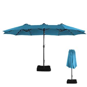 15 ft. Patio Market Umbrella Double-Sided Outdoor Patio Umbrella with Base and Solar LED Lights in Turquoise