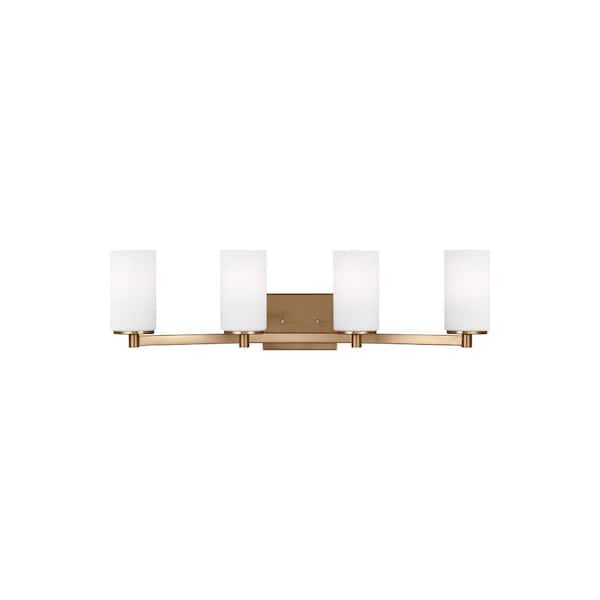Generation Lighting Hettinger 29 in. 4-Light Satin Brass Transitional Contemporary Wall Bathroom Vanity Light with Etched White Glass Shades