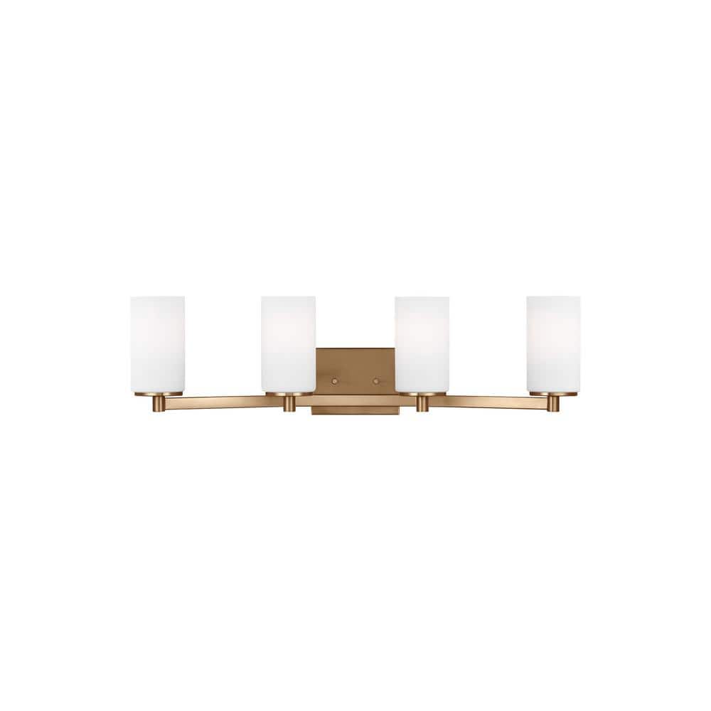 Hettinger 29 in. 4-Light Satin Brass Transitional Contemporary Wall Bathroom Vanity Light with White Glass and LED Bulbs price history on PriceWatchPro