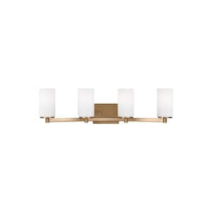 Hettinger 29 in. 4-Light Satin Brass Transitional Contemporary Wall Bathroom Vanity Light with White Glass and LED Bulbs