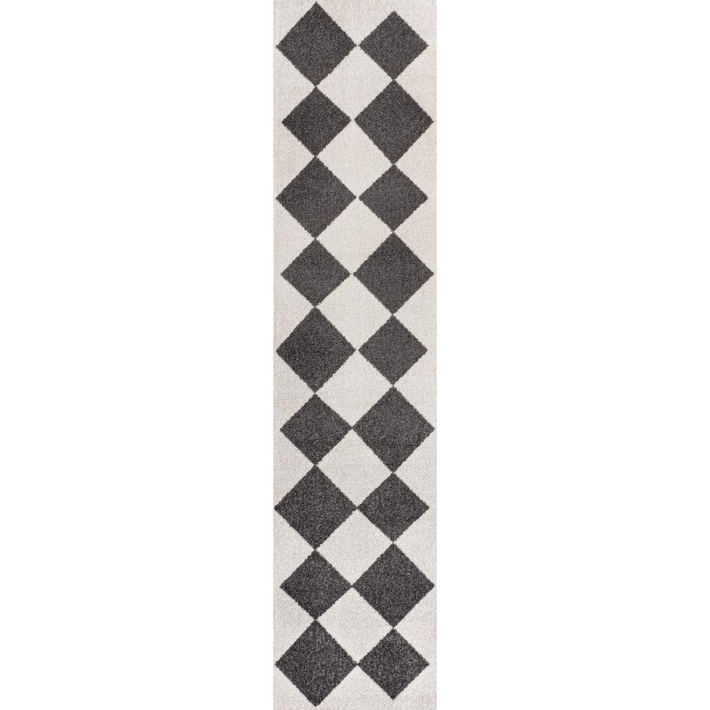 White and Dark Gray Geometric Synthetic Runner Rug, 2 x 8 ft.