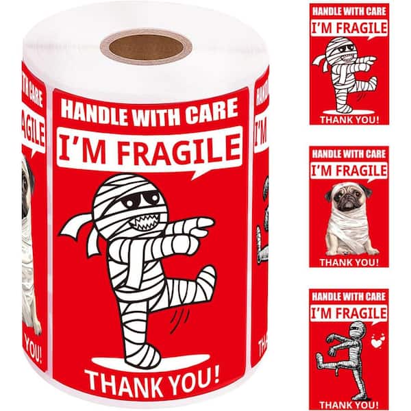 Unbranded 3 x 2 in. Premium Vinyl Fragile Stickers Roll Mummy Dog Design for Shipping Moving Glass Permanent Adhesive