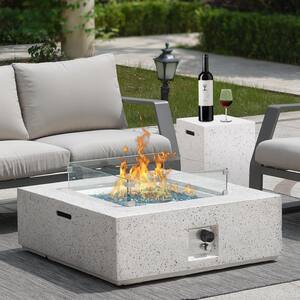 White 13 in. H Rectangle GRFC Fire Pit Table with Tempered Glass Cover and Gas Barrel
